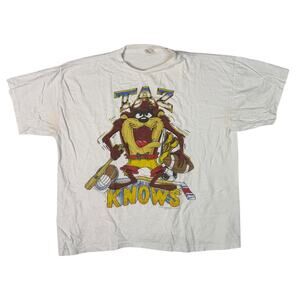 Looney Tunes Vintage Taz Knows Sports T-Shirt 90s White Single Stitch Adult XL